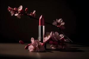 AI generated Red lipstick and flowers on a dark background. Neural network AI generated photo