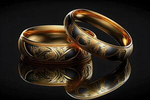 AI generated Original gold wedding rings on a dark background. Neural network AI generated photo
