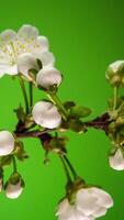 tempo periodo di il fioritura di bianca petali di un' Mela fiore su verde sfondo. primavera tempo periodo di apertura bellissimo fiori su rami Mela albero. macro sparo, verticale filmato. video