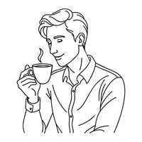 Man drinking his morning coffee Continuous line art drawing vector