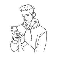 Man holding mobile phone Continuous line art drawing vector