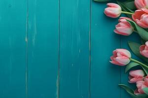 AI generated Frame of tulips on turquoise rustic wooden background. Spring flowers. Neural network AI generated photo