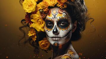 AI generated Day of the Dead illustration with sugar skull girl in decorative flower wreath. Neural network AI generated photo