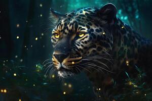 ai generado leopardo retrato cerca arriba en oscuro antecedentes. neural red ai generado foto