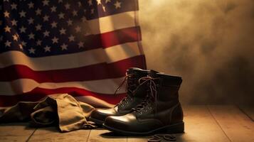 AI generated Old combat boots and dog tags with American flag. Neural network AI generated photo