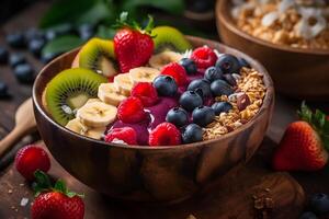 ai generado sano sabroso desayuno. harina de avena con bayas y frutas neural red ai generado foto