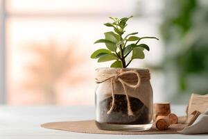 AI generated growing plant in a glass jar. Neural network AI generated photo
