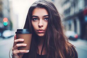 ai generado un joven mujer sostiene un arte desechable vaso de café en su mano. neural red ai generado foto