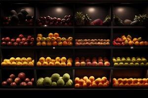 AI generated Supermarket showcase with wooden boxes of vegetables. Neural network AI generated photo