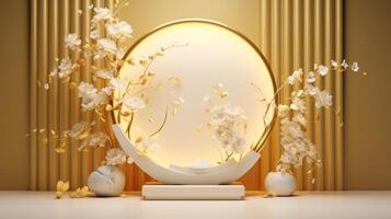 AI generated japanese style minimal abstract background.stone podium and bonsai with circle brown background for product presentation. Neural network AI generated photo