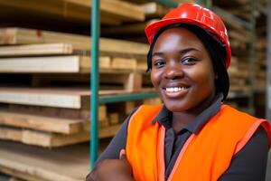 AI generated Happy Black African women engineer worker enjoy working in factory industry. Neural network AI generated photo