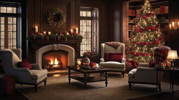 AI generated Stylish cozy home interior decorated for Christmas. Neural network AI generated photo