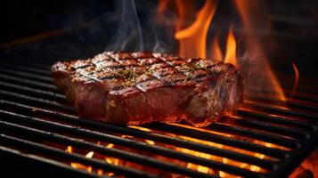 AI generated Grilled meat steak on stainless grill depot with flames. Neural network AI generated photo