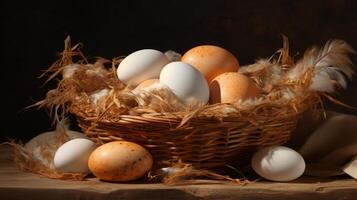 AI generated Many fresh organic eggs in a large basket. Neural network AI generated photo