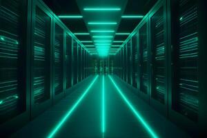 AI generated Shot of Data Center With Multiple Rows of Fully Operational Server Racks. Modern Telecommunications. Neural network AI generated photo