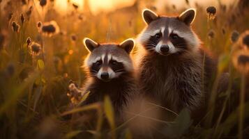 AI generated Two raccoons in a field at sunset. Neural network AI generated photo