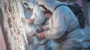 AI generated Man worker spraying polyurethane foam inside of future cottage. Neural network AI generated photo