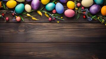 AI generated Easter eggs on a wooden background. Neural network AI generated photo