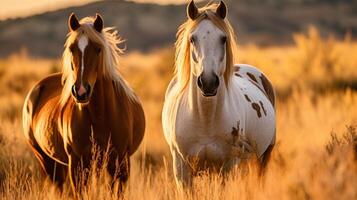 ai generado caballos gratis correr en Desierto tormenta en contra puesta de sol cielo. neural red ai generado foto