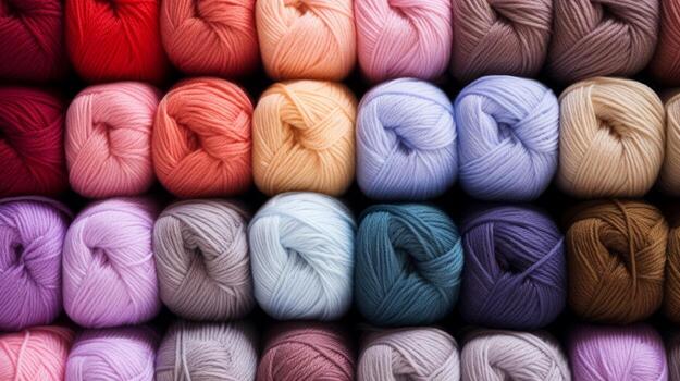 ai generado muchos multicolor pelotas de hilos en un de punto tela, de cerca. neural red ai generado foto