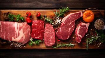 AI generated Meat on wooden background. Neural network AI generated photo