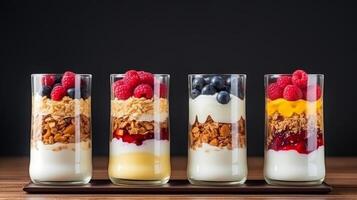 AI generated Collection of parfait desserts or snacks in glasses. Neural network AI generated photo