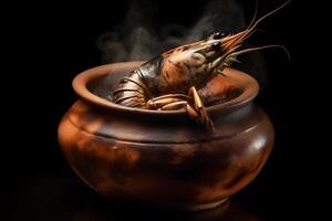 AI generated Delicious boiled crayfishes on black table, closeup. Neural network AI generated photo