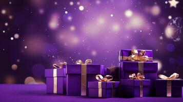 AI generated Purple Christmas background with New Year gifts. Neural network AI generated photo