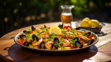 AI generated Typical spanish seafood paella in traditional pan. Neural network AI generated photo