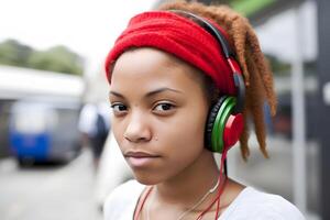 AI generated African woman listening to music on headphones. Neural network AI generated photo