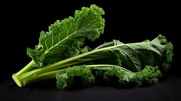 AI generated fresh green organic kale leaf on dark background. Neural network AI generated photo