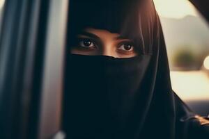 AI generated Beautiful muslim woman driving car. Neural network AI generated photo