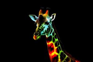 AI generated Rainbow art giraffe on a black background. Neural network AI generated photo