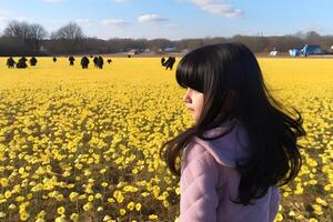 ai generado un joven niña en un vestir camina en un campo de amarillo flores neural red ai generado foto