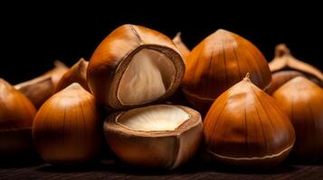 AI generated Hazelnuts on black background. Neural network AI generated photo