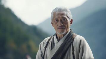 AI generated Asian wise old man in the mountains. Neural network AI generated photo