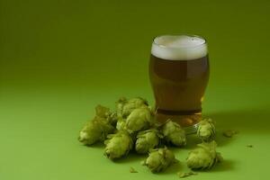 AI generated Glass of beer with hop cones. Neural network AI generated photo