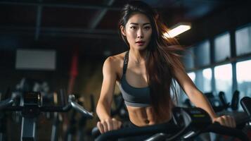 AI generated Young Asian woman working out on exercise bike at gym. Neural network AI generated photo