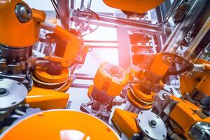 ai generado industrial robot brazo a producción línea a moderno fábrica. neural red ai generado foto