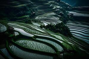 AI generated Rice fields on terraced of Mu Cang Chai, YenBai, Vietnam. Rice fields prepare the harvest at Northwest Vietnam.Vietnam landscapes. Neural network AI generated photo