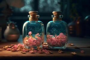 AI generated Glass bottles with flower extract. Neural network AI generated photo