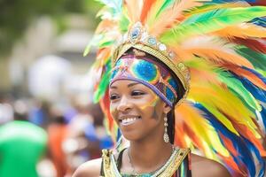 ai generado brasileño carnaval. joven mujer disfrutando el carnaval fiesta. neural red ai generado foto