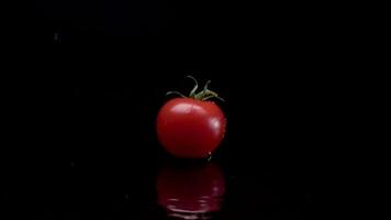 tomate lento movimento fechar-se queda dentro água com respingo gotas em Preto fundo macro tiro cozinhando vídeo video