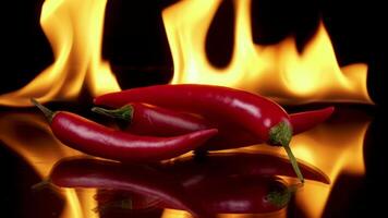 heet rood Chili paprika's in vlammen Aan een zwart achtergrond. pittig voedsel concept. 4k video