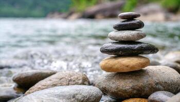 AI generated a stack of stones sitting on the shore of a lake photo