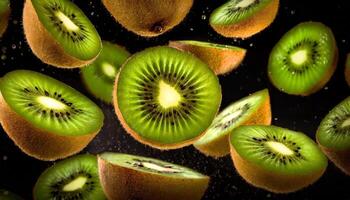 AI generated kiwi fruit falling into a black background photo