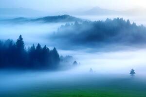 AI generated Foggy mountains and trees in the distance photo