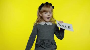 Girl showing Sale and Up To 30 Percent Off discount advertisement banners. Black Friday concept video