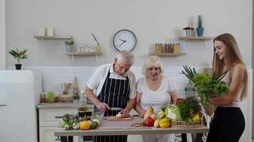Senior casal dentro cozinha recebendo legumes a partir de neta. saudável cru Comida nutrição video