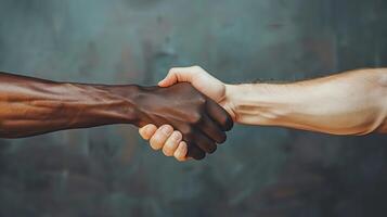AI generated Closeup photo of two hands arms handshake different race multinational friends antiracism issue help together world globe partners relationship immigration